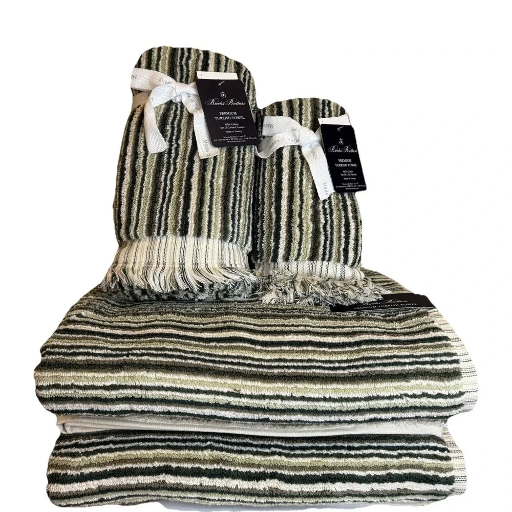 Brooks Brothers 2 Bath‎ 2 Hand 2 Tip Towel Set Green Multicolored Stripes Soft